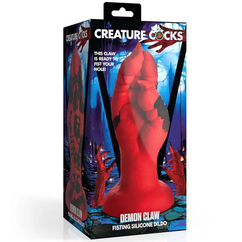 Demon Claw Fisting Silicone Dildo in packaging, featuring a red claw design and mythical creature theme.