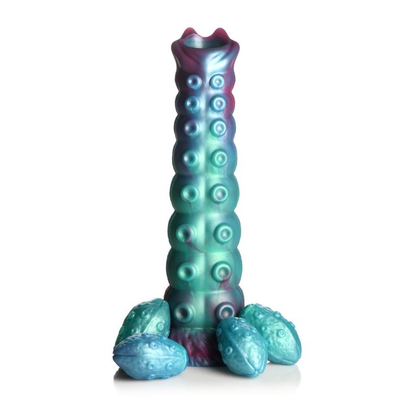 Galactic Breeder Ovipositor Silicone Dildo showcasing iridescent colors and textured bumps with squishy eggs at the base.