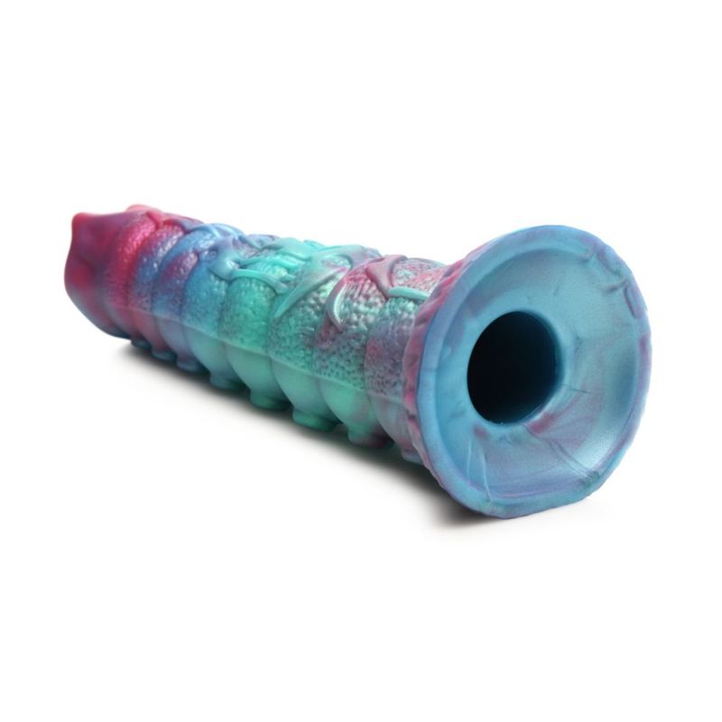 Galactic Breeder Ovipositor Silicone Dildo with iridescent teal-red-blue colors and textured shaft.