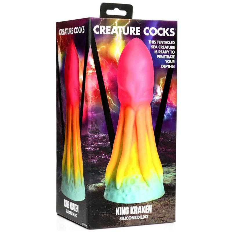 Creature Cocks King Kraken Silicone Dildo packaging featuring colorful design for intimate essentials.