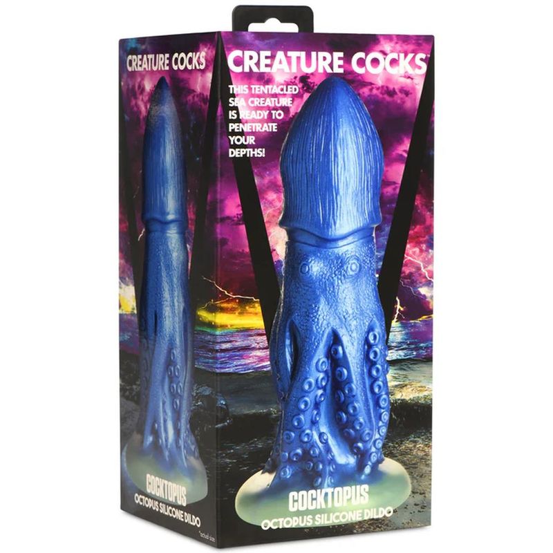 Creature Cocks Cocktopus octopus silicone dildo packaged for display with ocean-themed background.