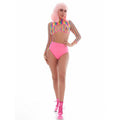 Model wearing a rainbow mesh bikini set featuring a shrug top and hot pants, perfect for festivals and raves.