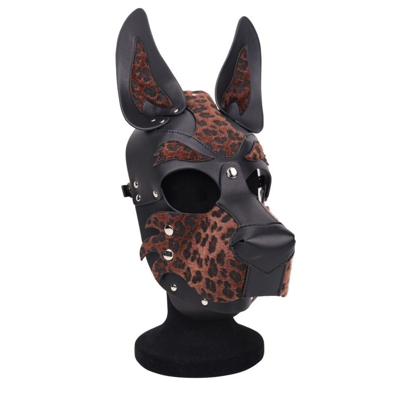 Stylish dog pup hood mask with leopard print design and adjustable fit for playful pet wear.