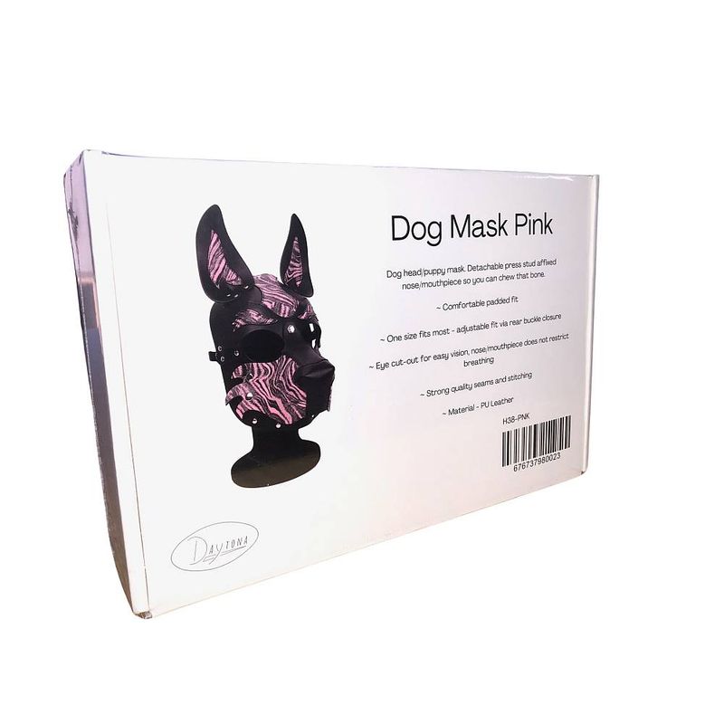 Dog pup hood mask packaging in pink color featuring detatchable mouthpiece and adjustable fit.