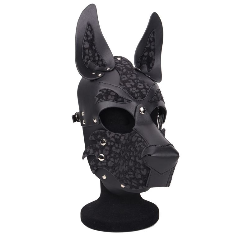 dog pup hood with adjustable fit and eye cut-out, designed for comfort and style in black leather.