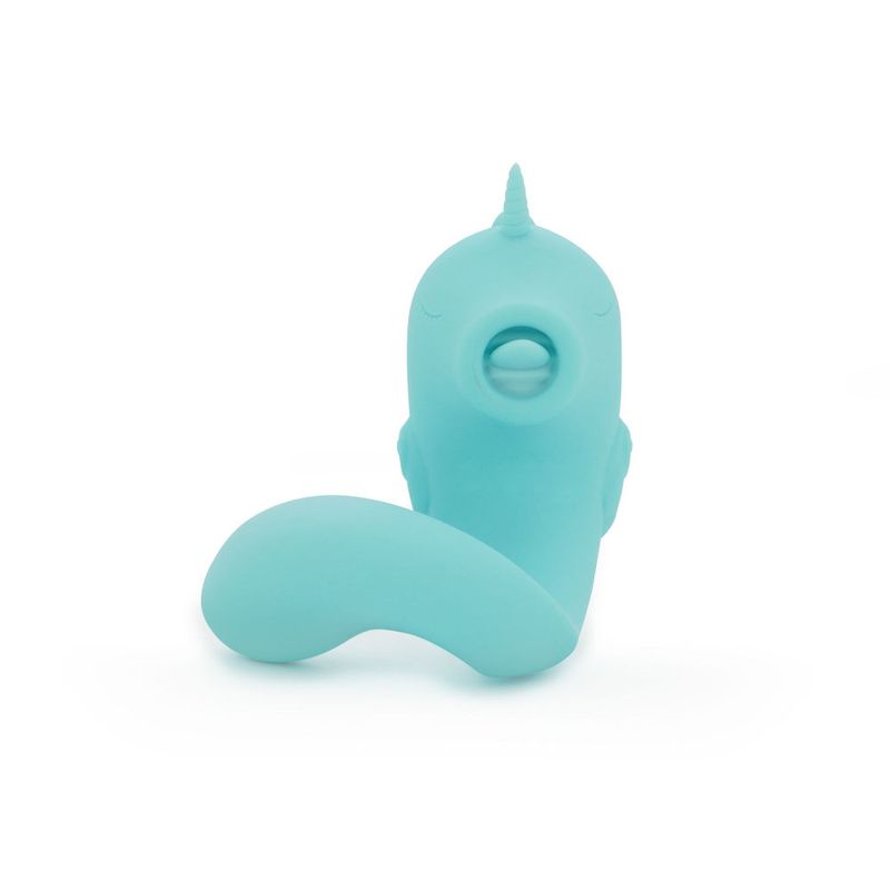C Horse massager with clitoral stimulator in aqua blue silicone, featuring dual motors and multiple vibration settings.