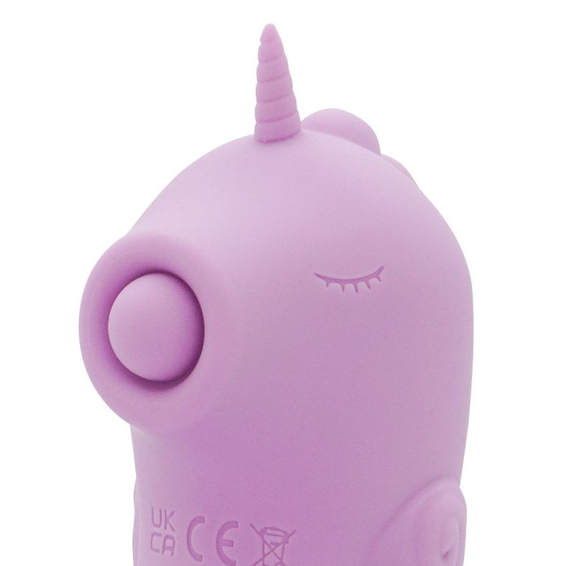 Unihorn massager with clitoral stimulator in lilac color showcasing its soft silicone and design features.