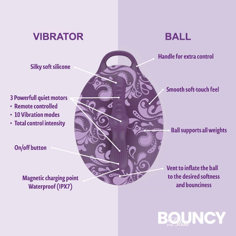 Features of the Bouncy Bliss inflatable sit-on vibrator and ball, showcasing controls and materials.