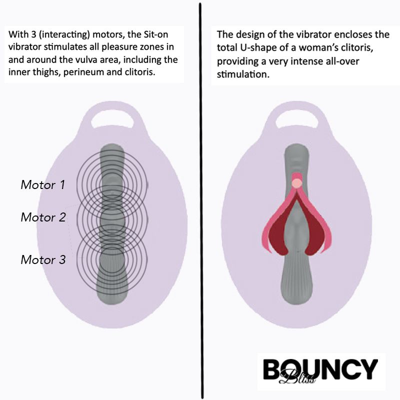Illustration of Bouncy Bliss inflatable sit-on vibrator showing its 3 motors and ergonomic design for all-over stimulation.