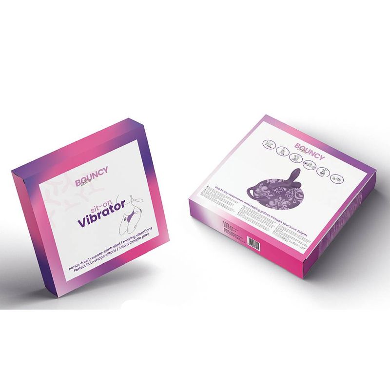Bouncy Bliss Flow Inflatable Sit-On Massager packaging design with vibrant colors and detailed toy instructions.