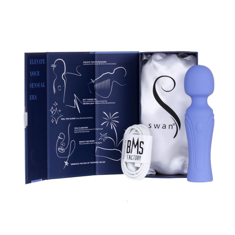 Swan Era Massage Wand with instructional guide and charging cable in elegant packaging.