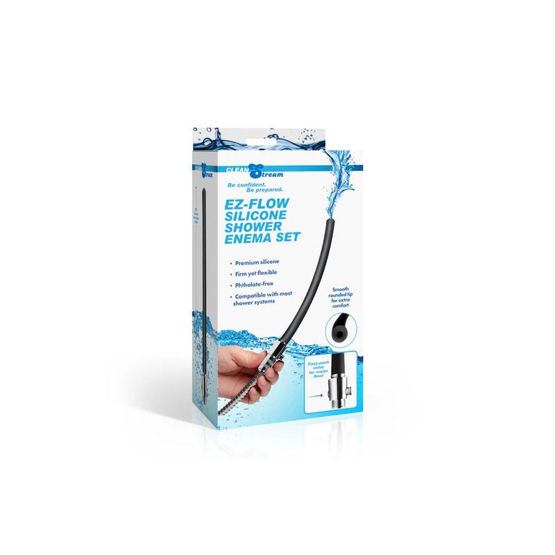 EZ-Flow Silicone Shower Enema Set packaging featuring a flexible hose and detailed product information.