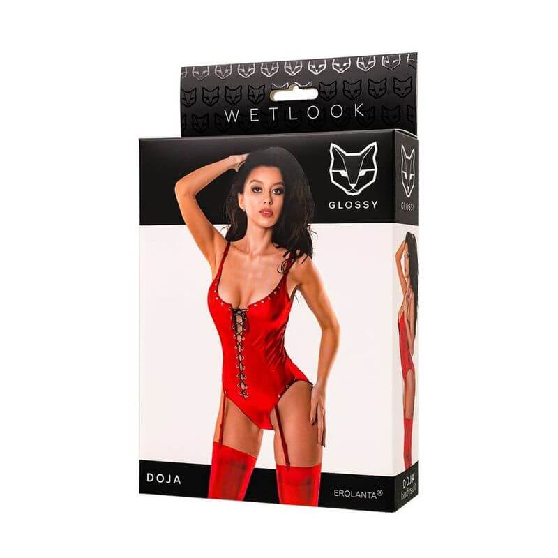 Glossy Bessie Dress Red packaging featuring a model wearing a red lace up mini dress, showcasing wetlook material and design.
