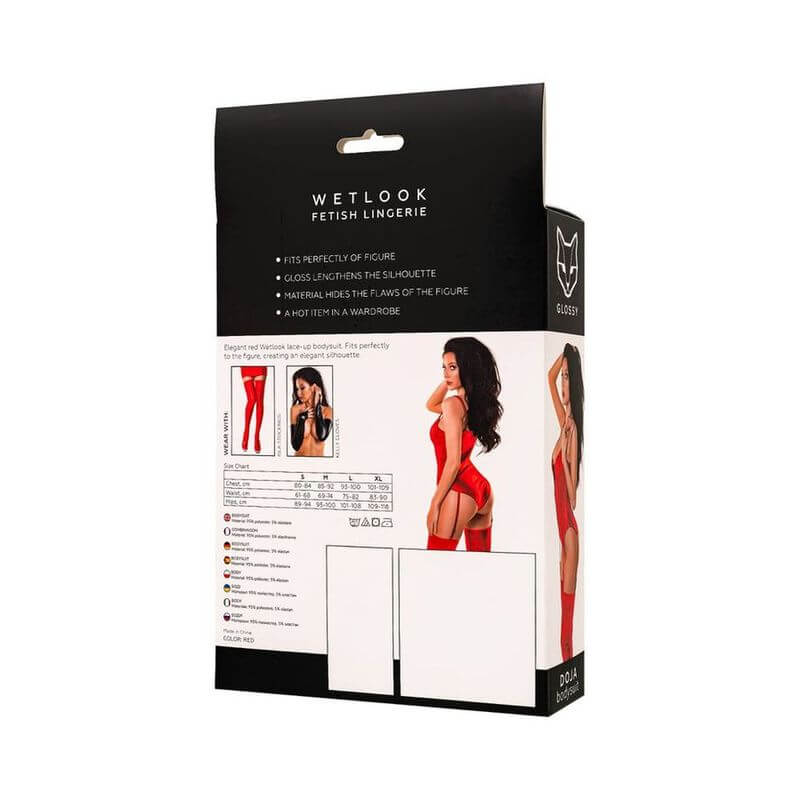 Glossy Bessie Dress Red packaging for sexy red lace up mini dress in wetlook material.