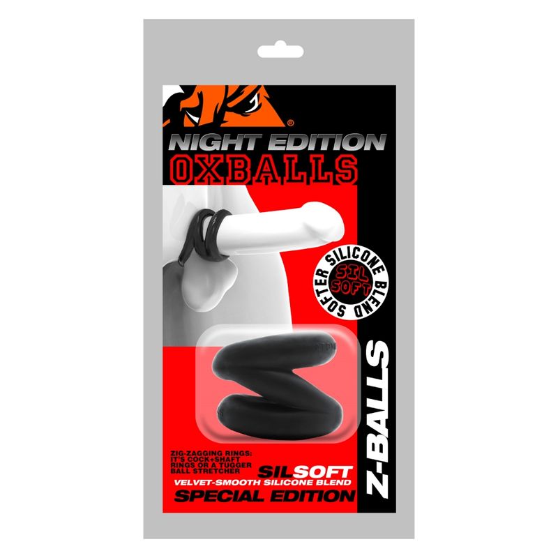Z-Balls zig-zag cock ring ball stretcher in velvet-black silicone blend packaging.