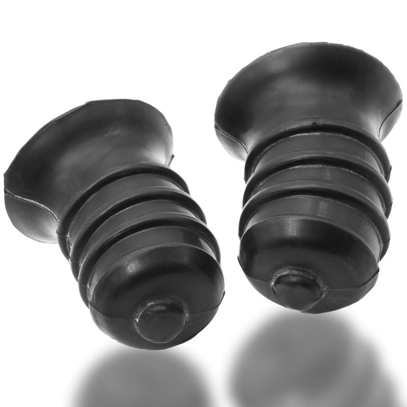 Ribbed silicone nip suckers in deep black, designed for secure grip and enhanced pleasure during play.