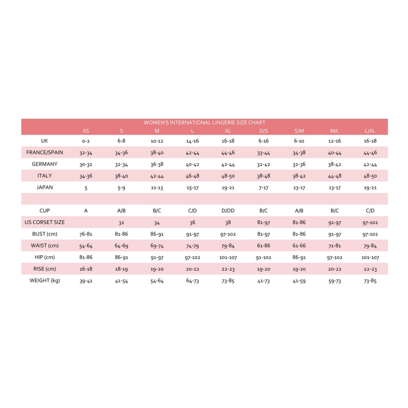 Women's international lingerie size chart for reference, showing UK, US, and international sizes.