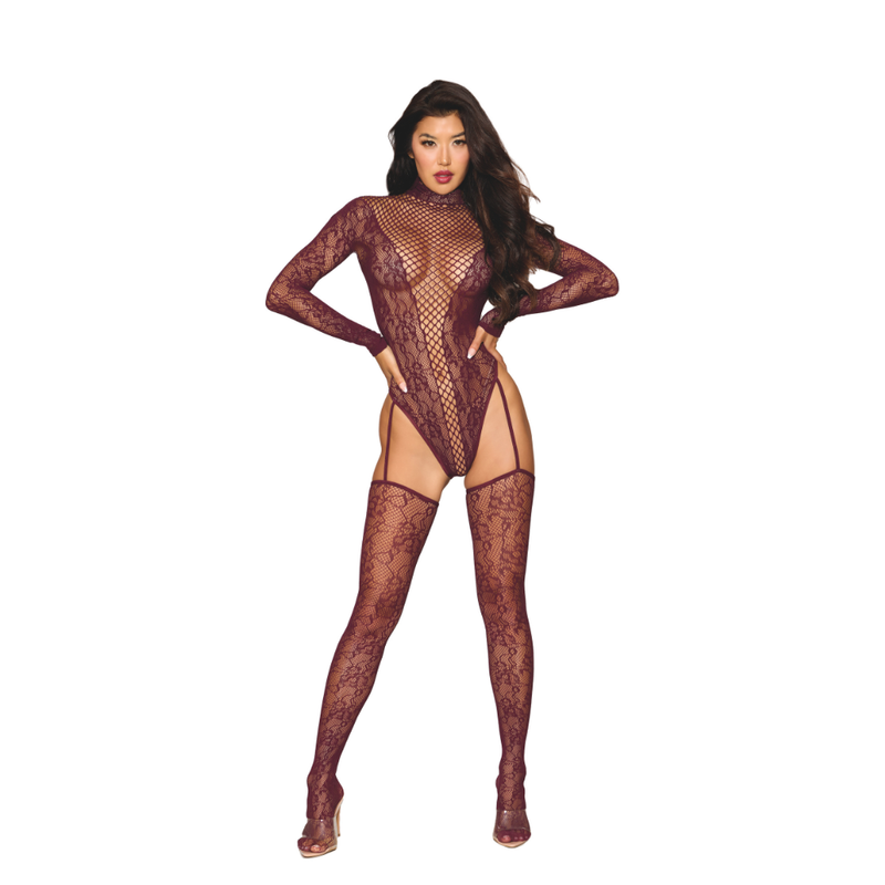 Dreamgirl Basic Fishnet Pantyhose Black worn by a model showcasing the seamless knitted design and soft elastic waistband.