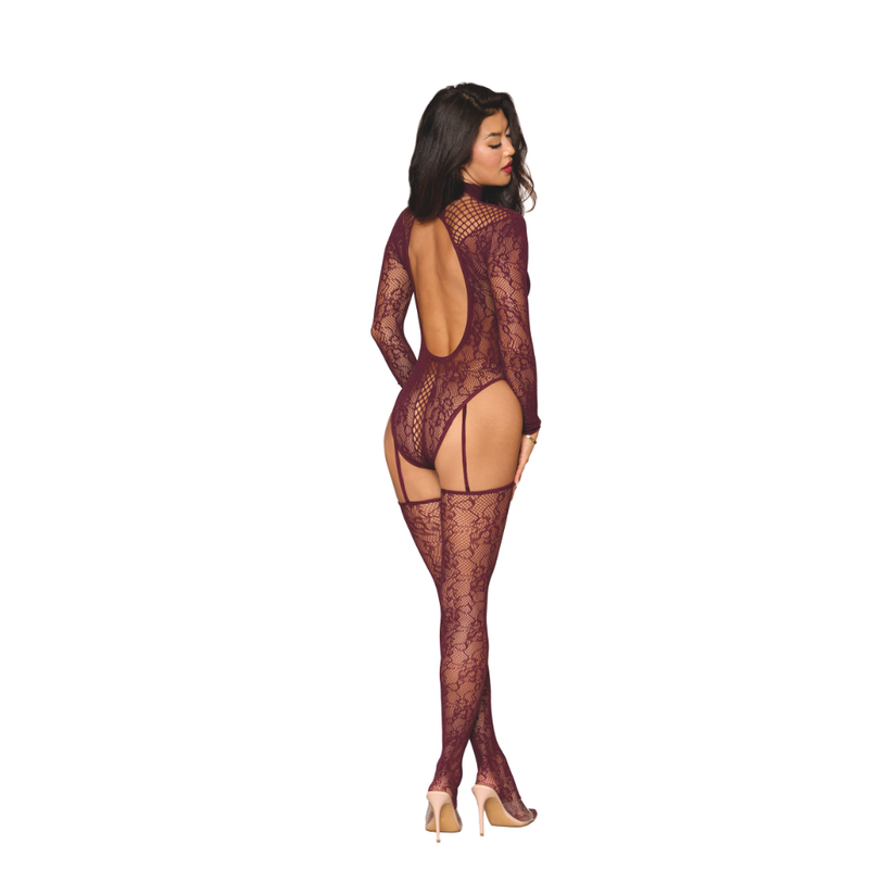 Dreamgirl Basic Fishnet Pantyhose Black model showcasing seductive backless design and elegant fishnet pattern.