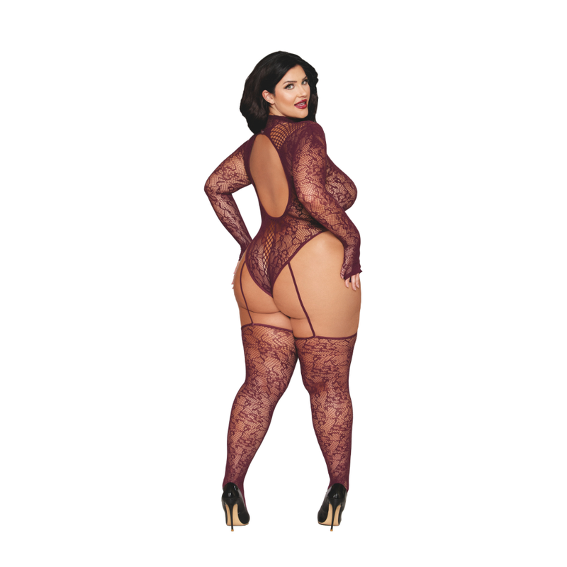 Dreamgirl Basic Fishnet Pantyhose Black worn by model showing back view with lace design and high heels.