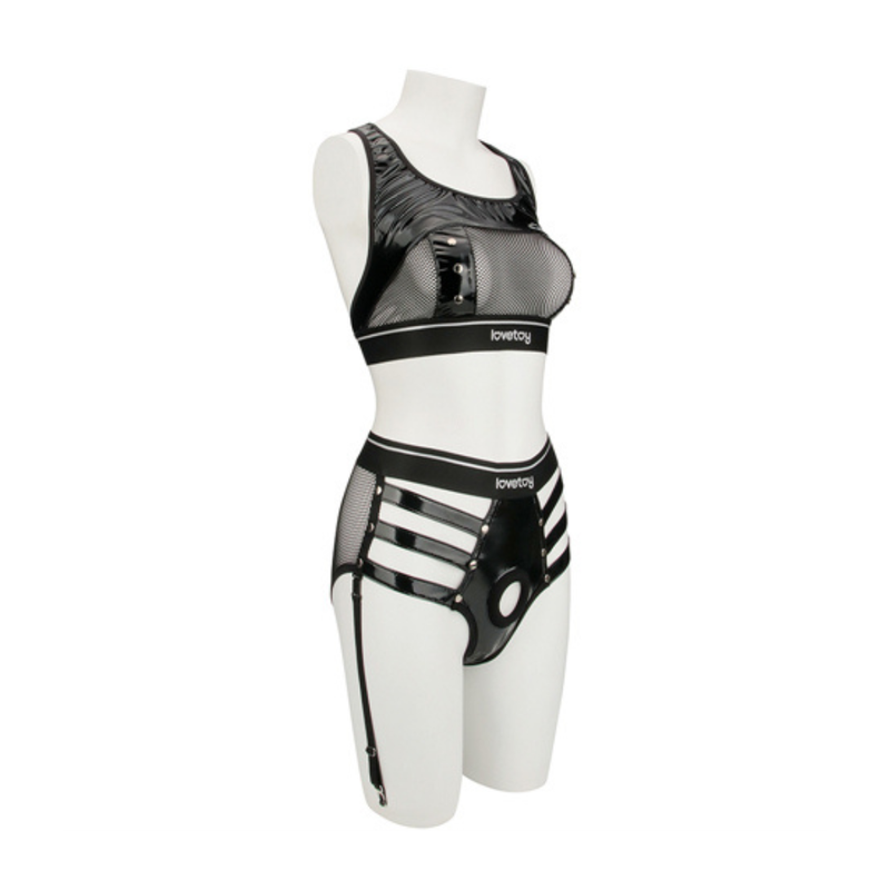 Rebellion Reign Iconic Harness Strap on Set M/L displayed on a mannequin in black PU and mesh design.