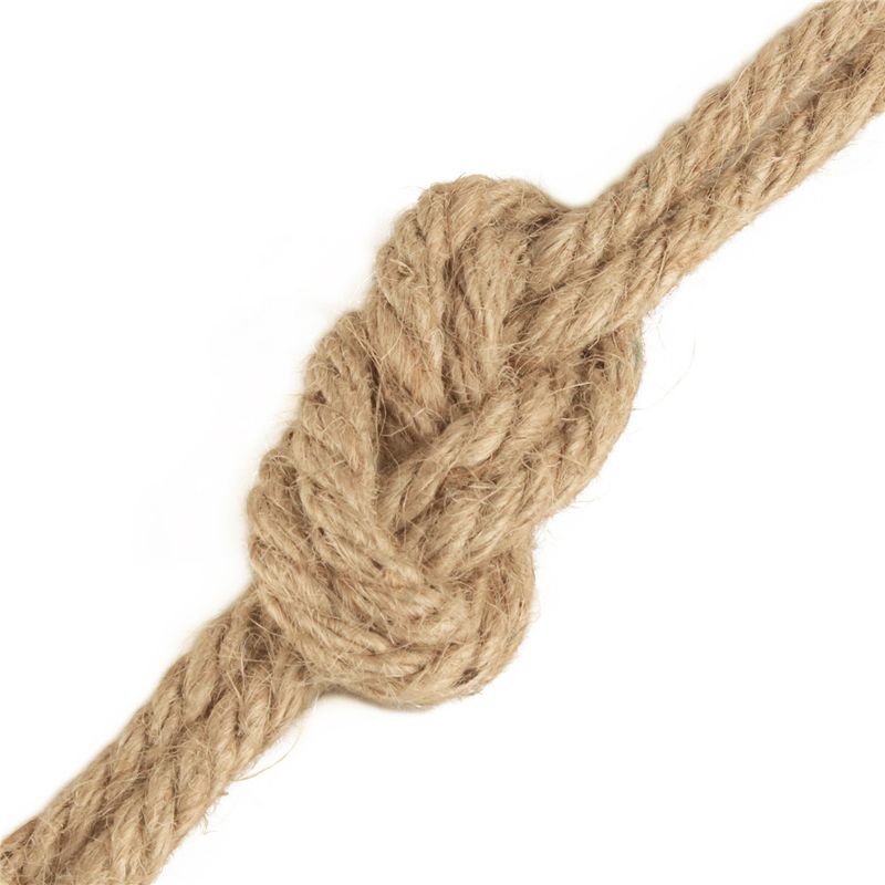 Close-up of a knot tied in rustic hemp bondage rope, showcasing its texture and craftsmanship.