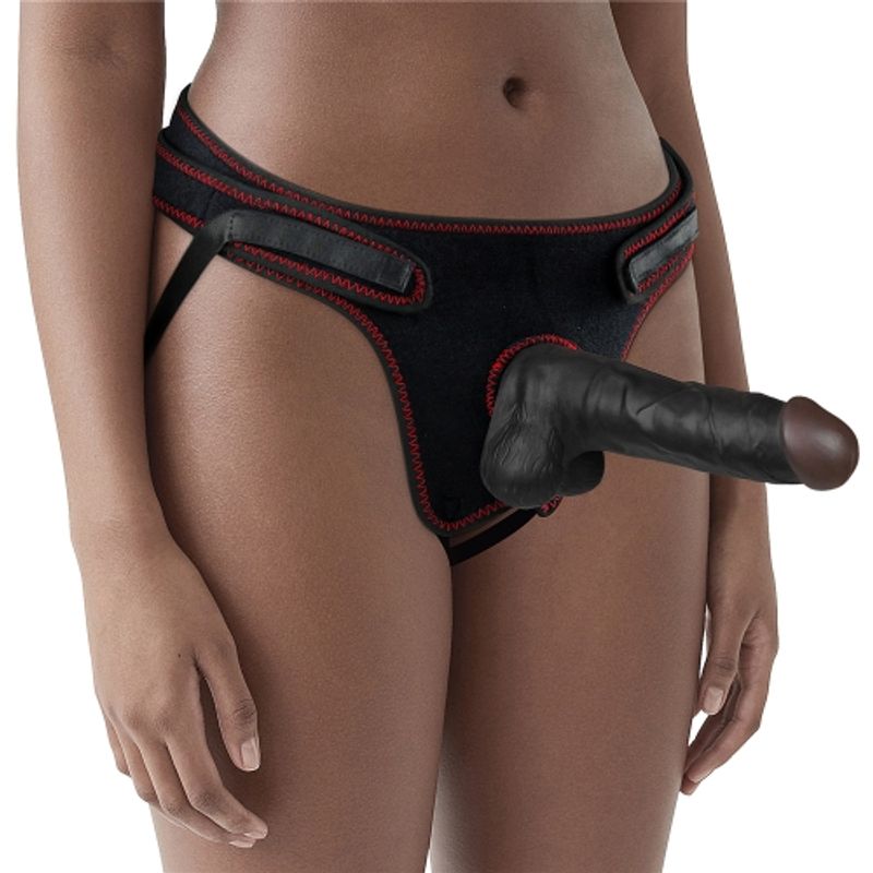 Easy Strap On Set 7.5in Black featuring strap on dildo set with adjustable harness for diverse body shapes.