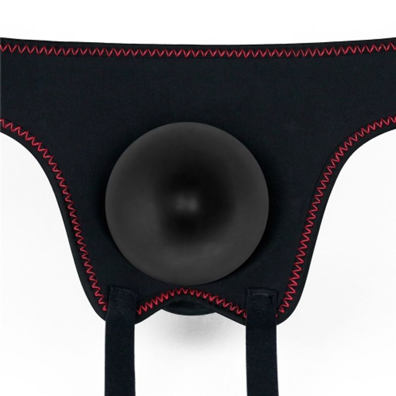 Close-up of the black strap on harness featuring a secure round base for the Easy Strap On Set 7.5in Black, a strap on dildo set.