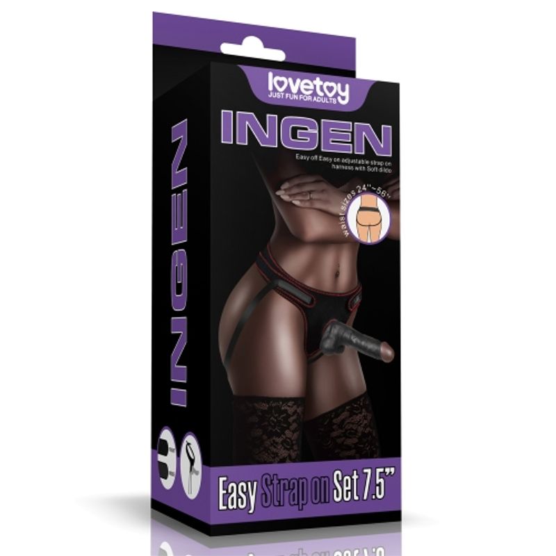 Easy Strap On Set 7.5in packaging featuring strap on dildo set for a lifelike experience and adjustable harness.