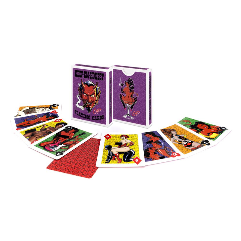 Nude playing cards featuring hand-drawn pinups and devils, complete with custom tuck box and unique jokers.