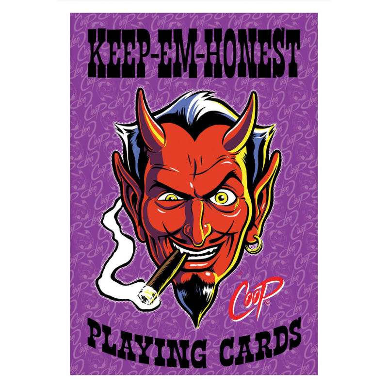 Keep em Honest playing cards featuring vibrant devil graphic and text, showcasing unique design for nude playing cards.