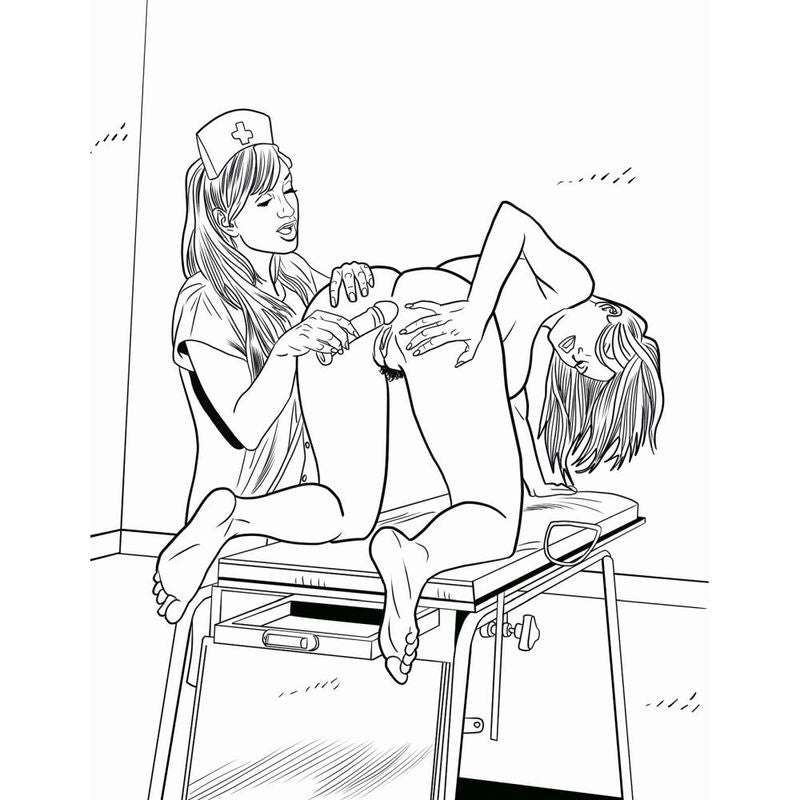 Illustration from XXX Nurses Colouring Book featuring nurses in adult-themed situations, for adults only.