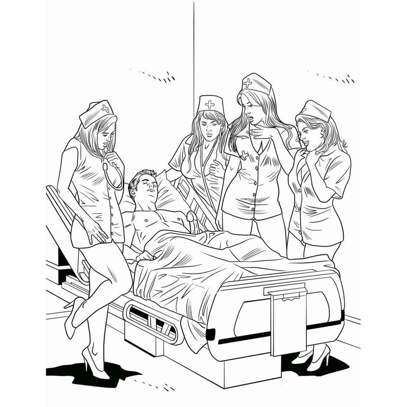 Nurses colouring book for adults illustration featuring nurses attending to a patient in a playful and adult-themed scene.