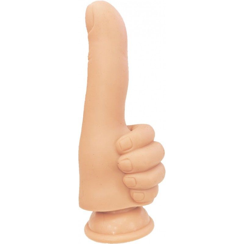 Finger shaped dildo with a thumbs up gesture, made of body safe silicone and featuring a strong suction cup base.