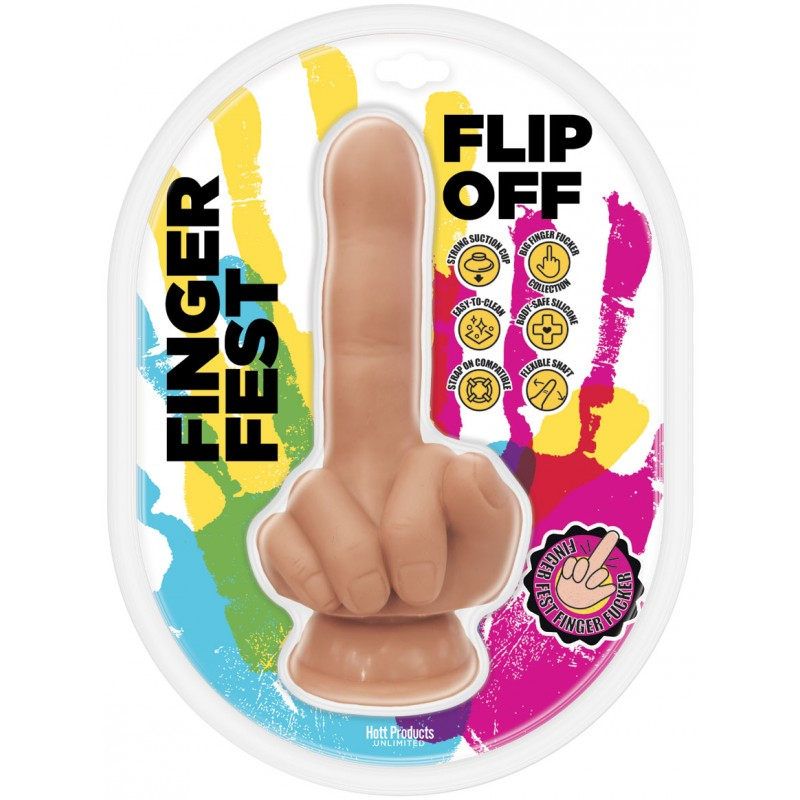 Finger Fest Dildo flip off, a finger shaped dildo with strong suction cup base and body safe silicone.