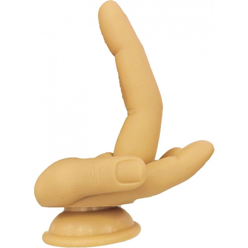 Finger shaped dildo with a strong suction cup base for hands-free fun, made from body-safe silicone.