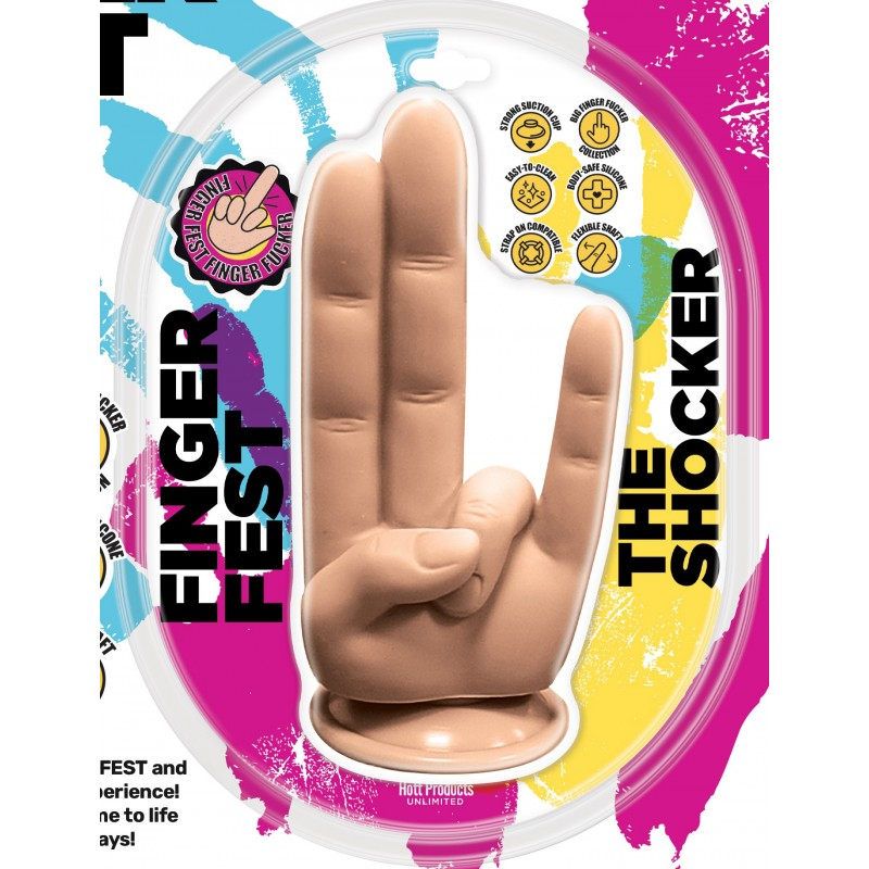Finger Fest Dildo The Shocker Flesh, a finger shaped dildo with a strong suction cup base and quirky design.