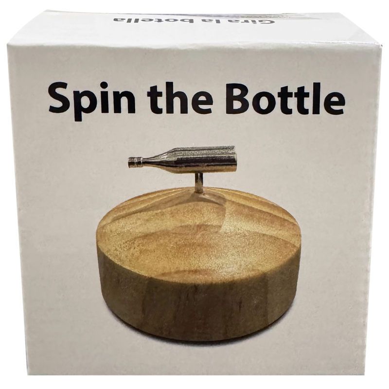 Spin the Bottle Game retail packaging featuring a wooden spinning base and metal bottle for fun party activities.
