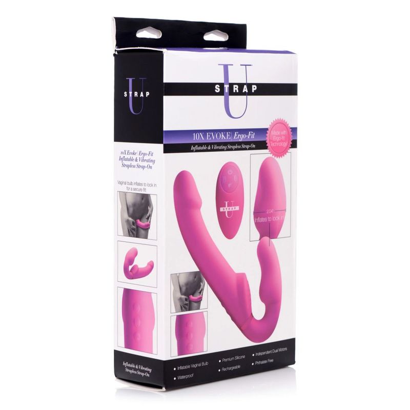 Worlds 1st Remote Control Inflatable Ergo-Fit Strapless Strap-On in pink packaging, showcasing features and usage.