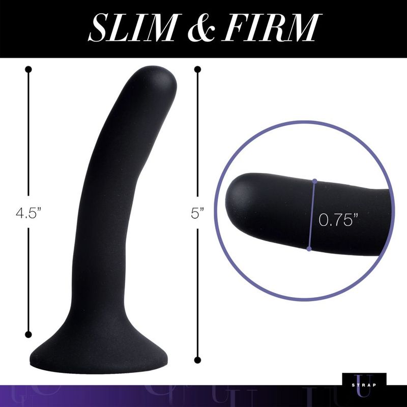 Black Silicone Strap-On Dildo Small showing slim design and dimensions for optimal use in intimate essentials.