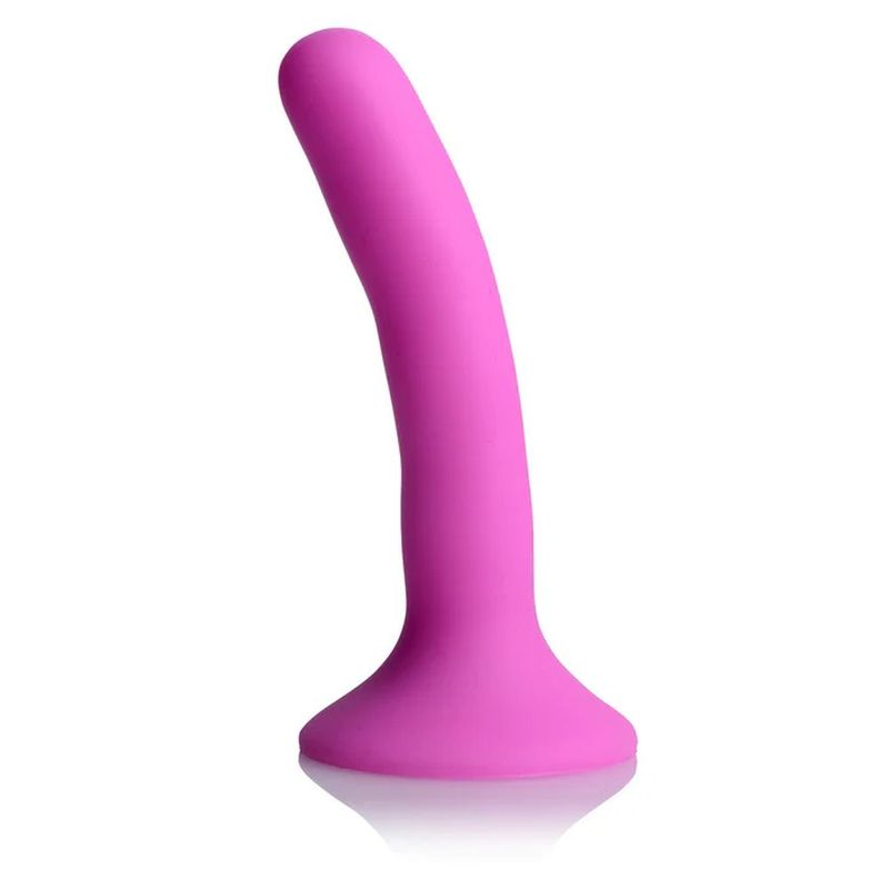 Pink silicone strap-on dildo small with a smooth, curved shaft and suction cup base for versatile pleasure.