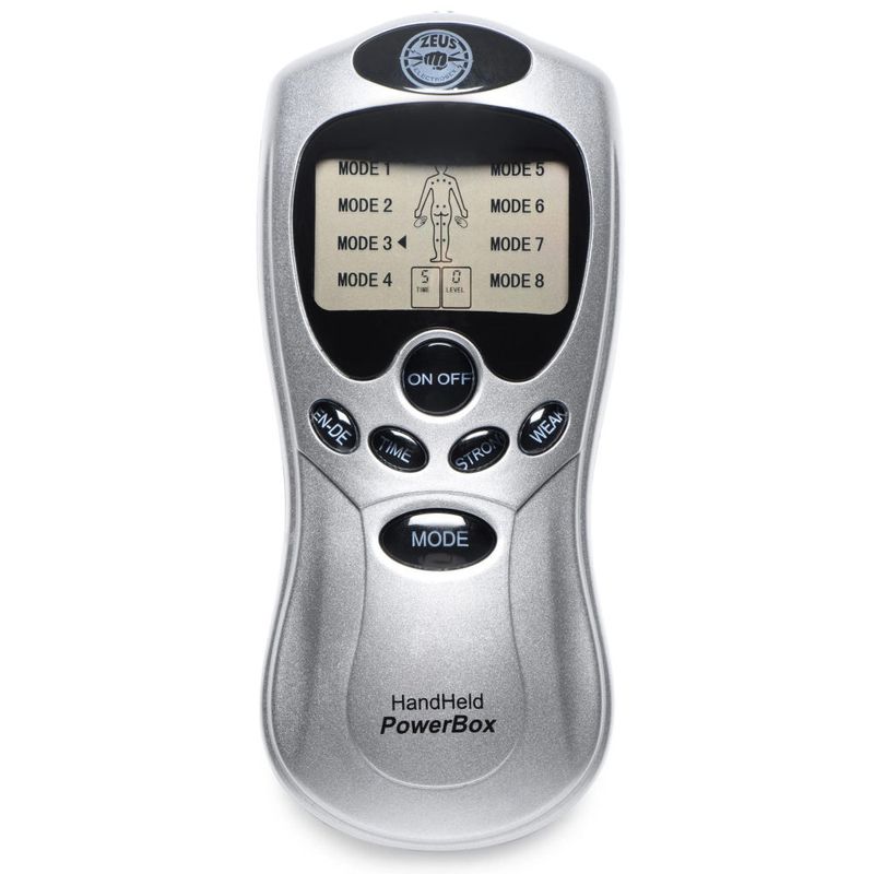 Zeus handheld power box featuring 8 modes of current and an easy-to-read display for e-stim enjoyment.