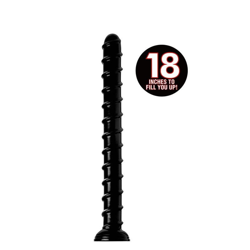 Hosed 18in swirl ridged anal dildo with powerful suction base for stability and pleasure.