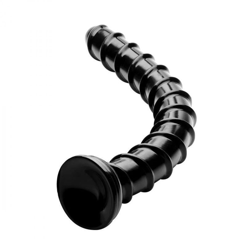 Hosed 18in swirl ridged anal dildo with a textured surface designed for enhanced pleasure and powerful suction base.