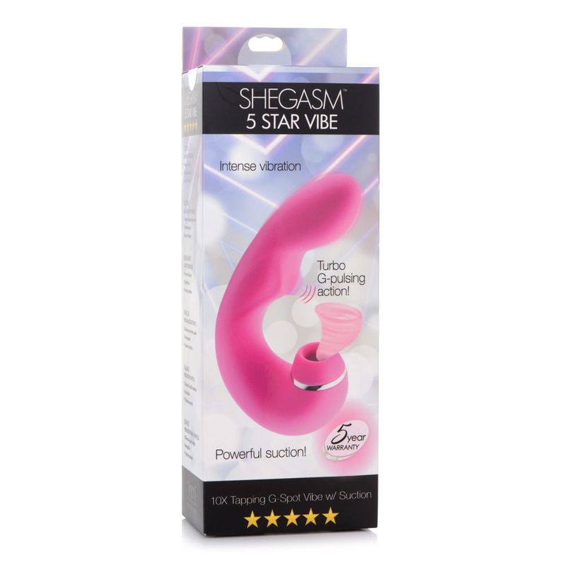 Shegasm 5 Star 10X Tapping G-Spot Vibe w Suction in pink packaging, featuring intense vibration and powerful suction.
