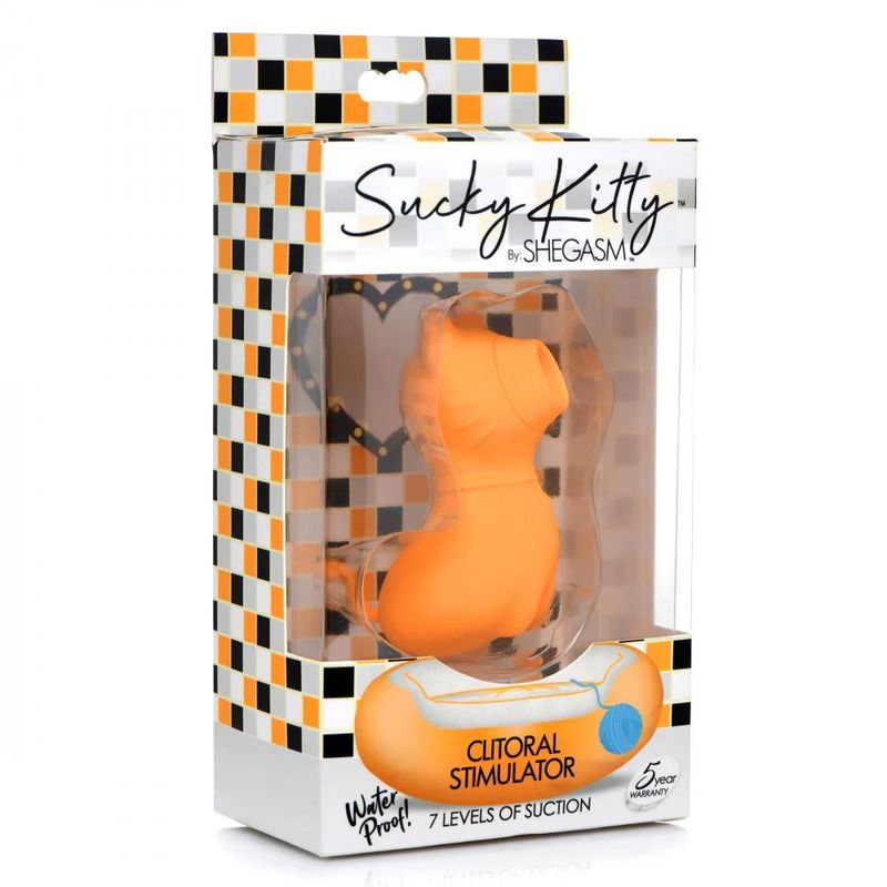 Sucky Kitty 7X Clitoral Stimulator Orange packaging featuring a waterproof design and 7 levels of suction.
