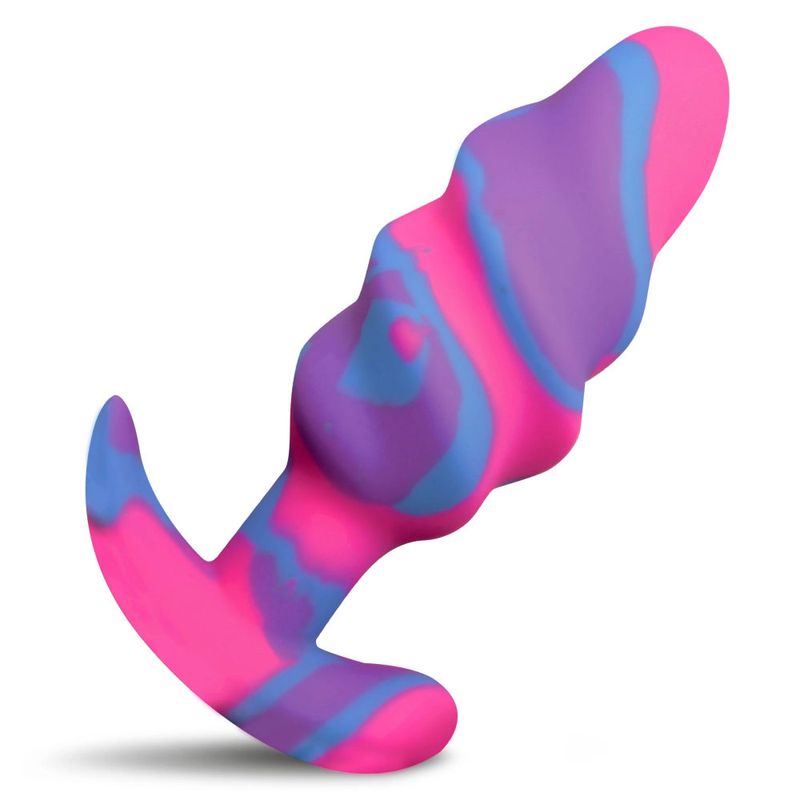 Unicorn Swirl Silicone Butt Plug Medium in vibrant pink and blue silicone, featuring unique swirling design for stimulation.