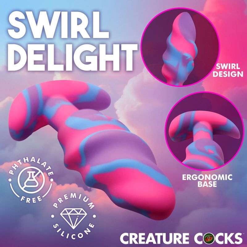 Unicorn swirl silicone butt plug with swirl design and ergonomic base, crafted from premium silicone.
