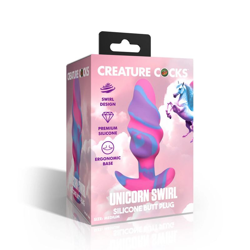 Unicorn Swirl Silicone Butt Plug packaging featuring swirl design and premium silicone.
