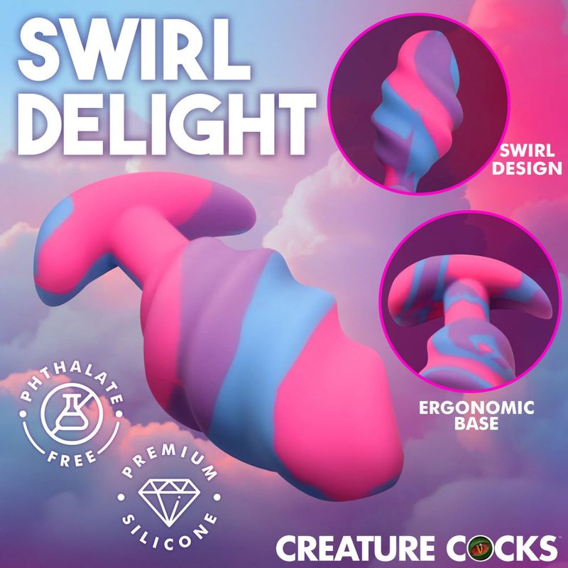 Unicorn swirl silicone butt plug showcasing vibrant swirl design and ergonomic base, crafted from premium silicone.